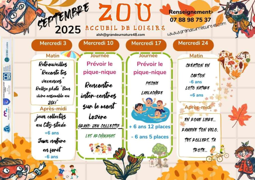 Planning Zou Mercredis septembre 2025